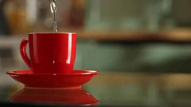 A close up of water being poured into a red cup on a saucer. The concept includes morning routine, warmth, and refreshment, suitable for food and beverage, cafe and restaurant advertisements.