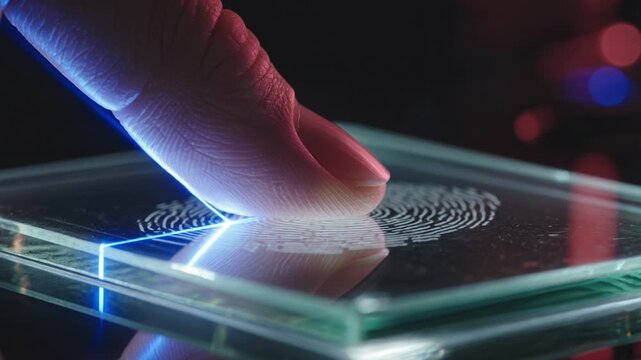 Fingerprint Scanning Technology: Close-up of a hand interacting with a glowing biometric sensor, representing security and digital identification.