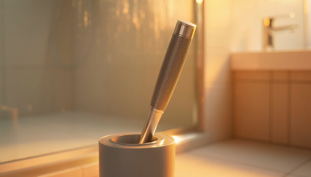 A toothbrush stands in a holder near a bathroom sink and shower.