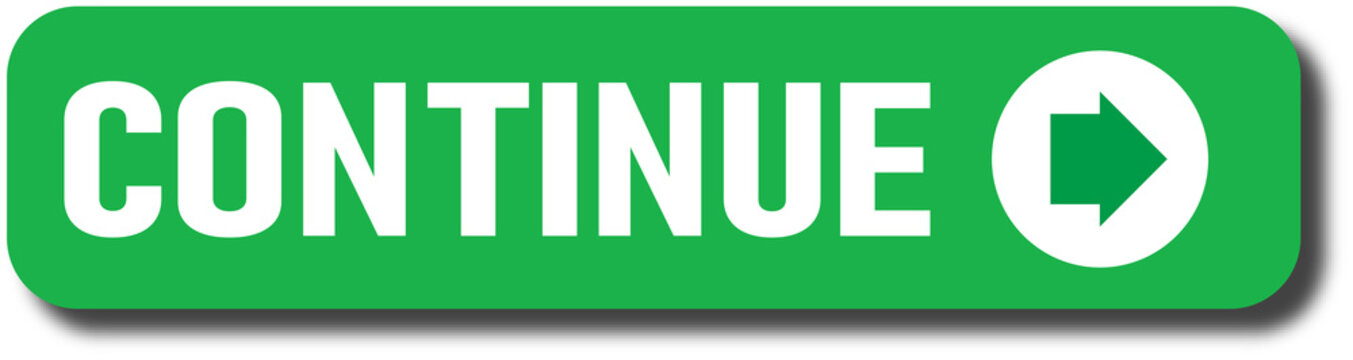 Green button with continue text and arrow pointing to the right isolated on transparent background