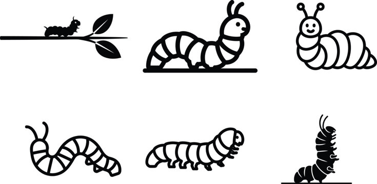 set of caterpillars in different poses and styles crawling eating leaf