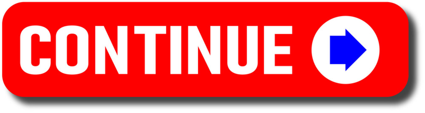 Red continue button with white text and arrow icon on a rectangular background isolated on transparent background