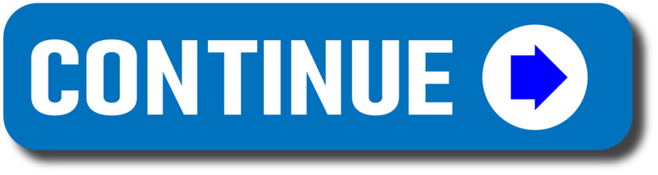 Blue continue button with a right-pointing arrow icon isolated on transparent background