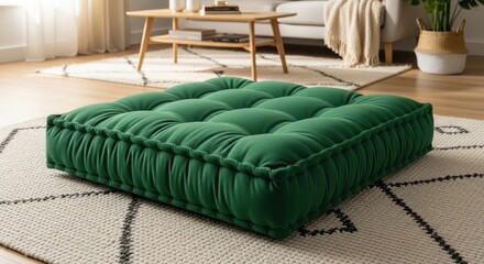 Fototapeta premium A plush emerald green velvet floor cushion with deep tufting and decorative stitching, resting on a patterned rug in a cozy room.