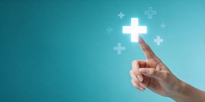 A hand interacts with a glowing plus sign on a blue background