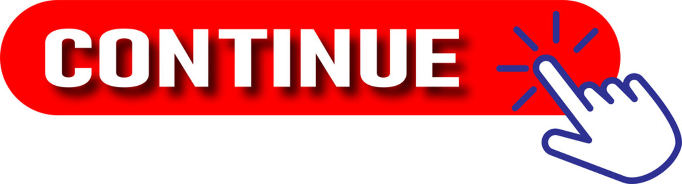 A red button labeled continue with a cursor icon pointing at it isolated on transparent background