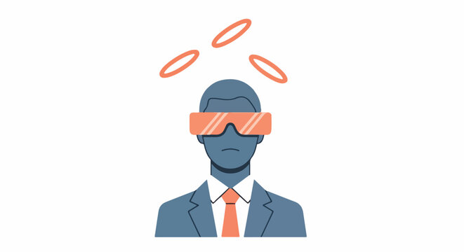 Man in business suit wearing VR headset juggling orange rings, concept of multitasking and virtual reality