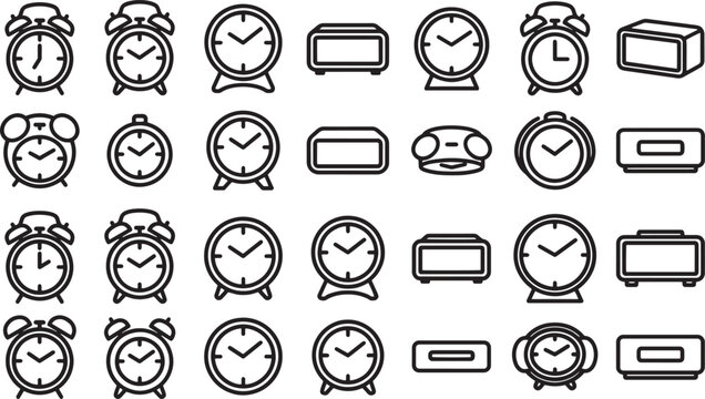 A collection of various clock designs is meticulously arranged in a monochromatic scheme, highlighting the design details and time-telling features of each.