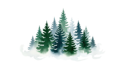 Obraz premium Artistic watercolor illustration of a serene pine and fir forest rendered in emerald and teal hues, featuring subtle snow and mist on a transparent background. Sophisticated winter holiday concept