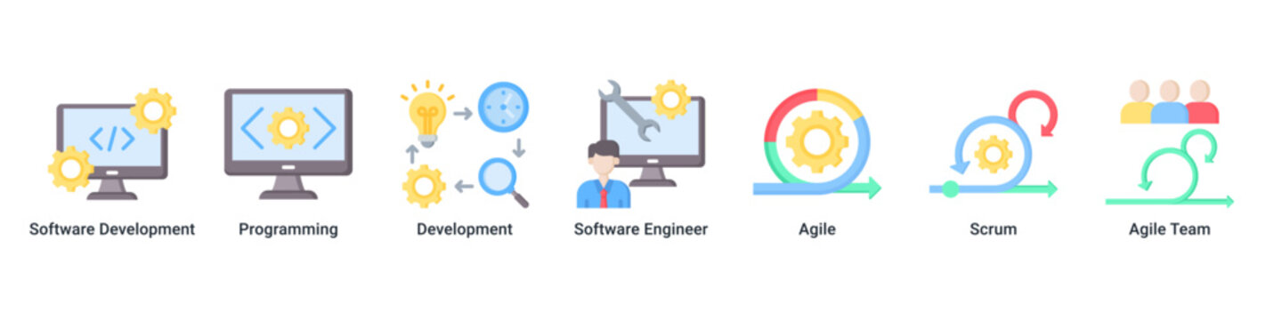 Agile Development devops banner with programming,software engineering and scrum workflow icons for modern development process