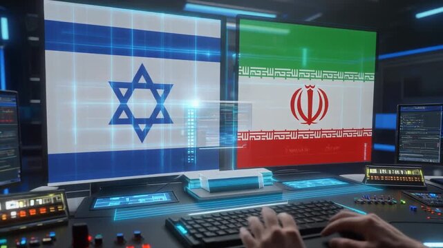Two glowing monitors display Israel&rsquo;s and Iran&rsquo;s flags in a high-tech control room&mdash;symbolizing digital conflict, cybersecurity vigilance, and the tense interplay of nations in cyberspace.