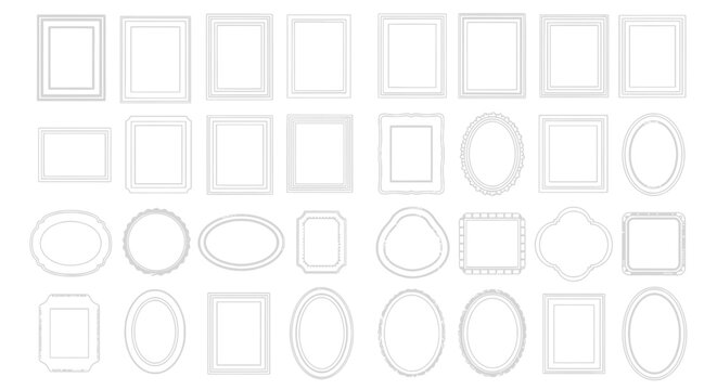 Minimalist white picture frame set, collection of 32 blank photo frames in various shapes, clean gallery wall mockup elements for interior design