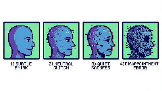 Pixelated blue head showing subtle smirk. Neutral glitch expression. Quiet sadness face. Disappointment error avatar. Digital emotions in retro video game style for tech and gaming design concepts.