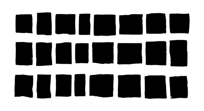 Hand drawn black ink square collection, set of 24 organic textured box shapes, minimalist grunge rectangle vector elements for graphic design