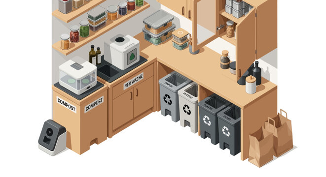 Isometric illustration of a modern eco-friendly kitchen corner with dedicated bins for recycling, composting, and food waste management, promoting sustainable living practices.