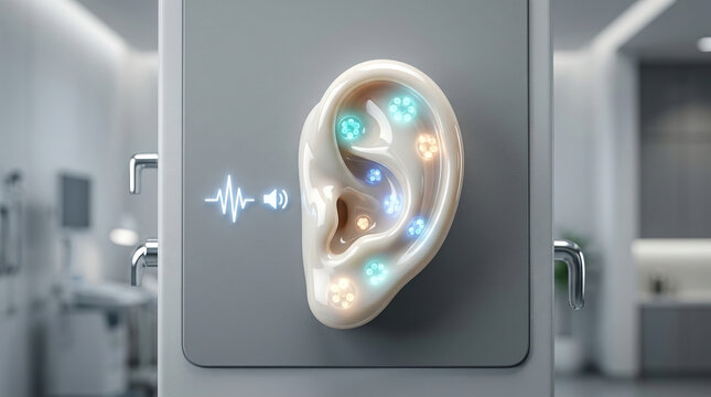 Hearing aid ear audiology sound wave medical technology clinic healthcare hearing test assistive device Modern hearing aid ear display with glowing sound wave icon clinic setting, showcasing