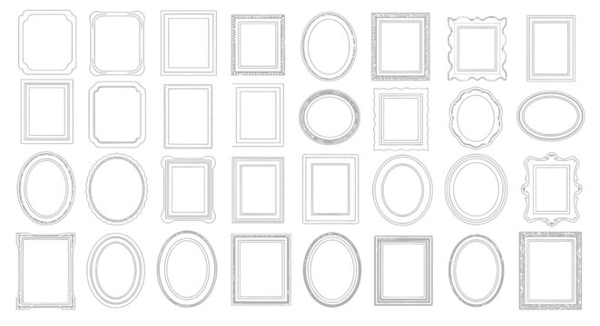 Minimalist picture frame set, 32 white vector borders for gallery walls, elegant square and oval photo frames, clean line art border collection
