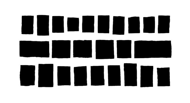 Hand drawn black ink rectangles set, 25 organic brush stroke square shapes, textured charcoal block elements for graphic design and branding