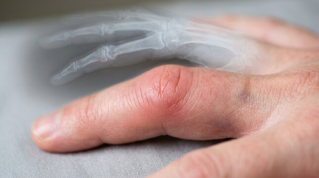 Finger hand injury fracture x ray bone swelling bruise pain close up finger hand injury fracture with x ray bone overlay, swelling and bruise skin, medical concept for trauma diagnosis