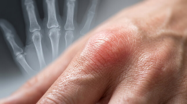 Hand joint inflammation pain swelling arthritis Xray medical healthcare diagnosis closeup of swollen finger knuckle with redness, hand joint pain and arthritis concept, xray skeleton background