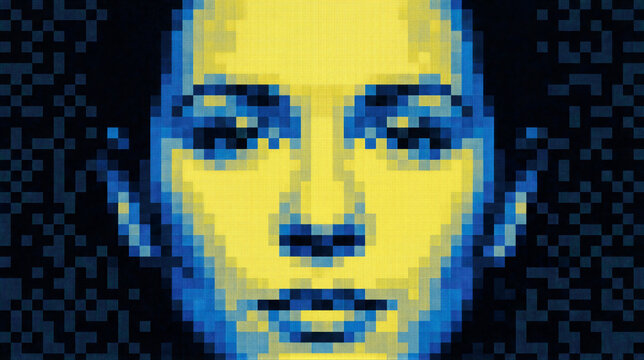 Pixelated woman face in yellow and blue mosaic. Digital cyber portrait art. Futuristic technology visualization for virtual worlds and ai concepts
