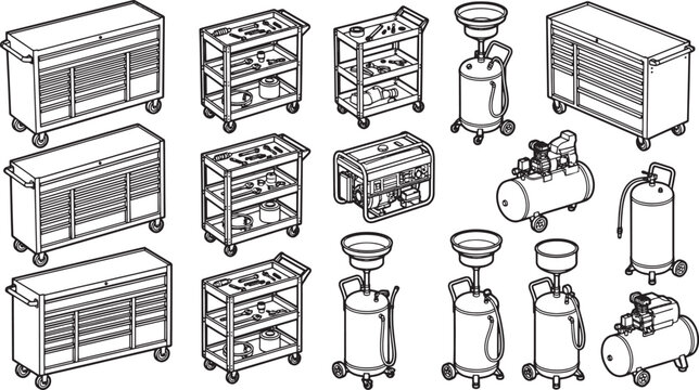 A collection of industrial tools and equipment.