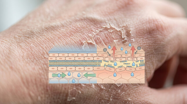 Dry skin peeling skin skin barrier dehydration cracked skin epidermis close up dermatology medical concept skin texture flaky hand close up with skin barrier diagram showing dehydration