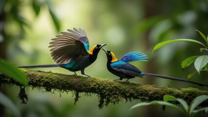 Obraz premium Two vibrant Birds of Paradise engage in a spectacular courtship display on a moss-covered branch, showcasing their exquisite plumage in the lush rainforest canopy