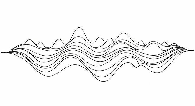 A minimalist vector illustration of multiple black undulating wavy lines, resembling a sound waveform or data visualization, set against a clean white background.
