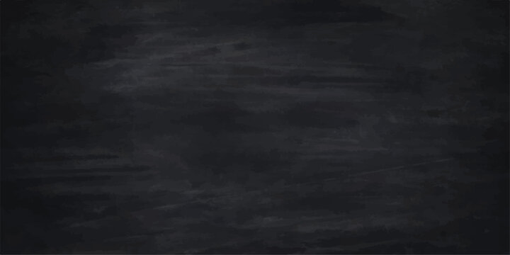A dark and vintage grunge chalkboard background features a blank black texture with old chalk dust on a rough, dirty surface frame to create a textured paper design wallpaper