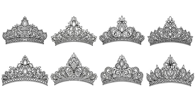 Ornate royal tiara collection, set of 8 elegant crown vectors, intricate bridal headpiece illustrations, vintage filigree princess jewelry icons