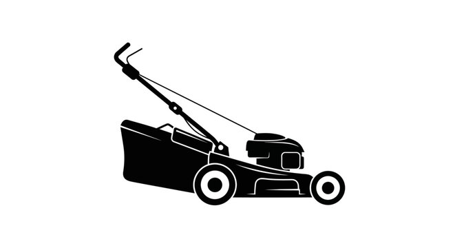 Black silhouette lawn mower on white background for gardening and landscaping concepts