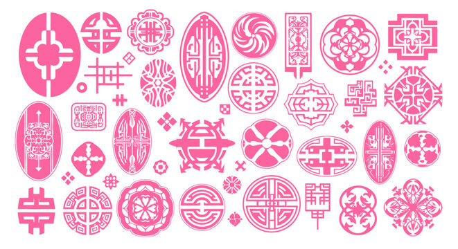 Traditional Chinese pattern set, pink oriental geometric ornaments, 32 decorative Asian floral and knot vector elements for lunar new year
