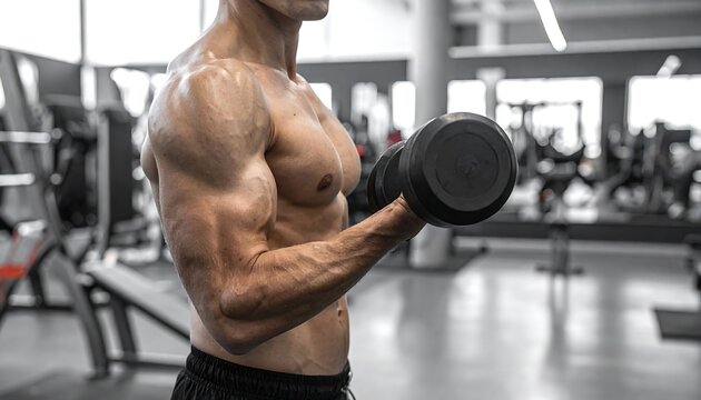 Muscular man working out with dumbbell at the gym exercising his biceps