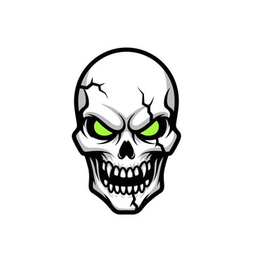 Intense Cracked Skull with Glowing Green Eyes Vector Illustration.