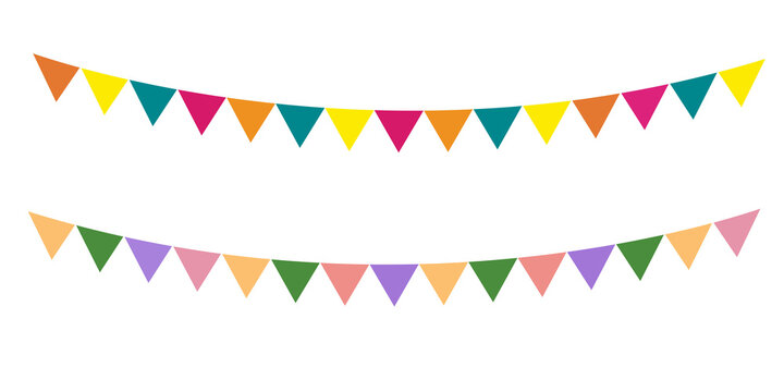 Colorful pennant bunting ribbon with confetti isolated on transparent background. Festive carnival decoration banner illustration for celebration, party, birthday, festival, event, and holiday design 