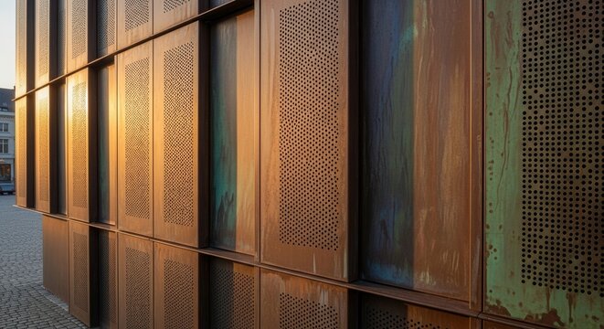 Close-up view of weathered perforated copper panels showing natural patina and textured surface detail