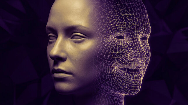 Womans face split between realistic sculpture and digital wireframe mesh. Fusion of human and virtual identity. Concept of artificial intelligence blending with reality for technology and cyber