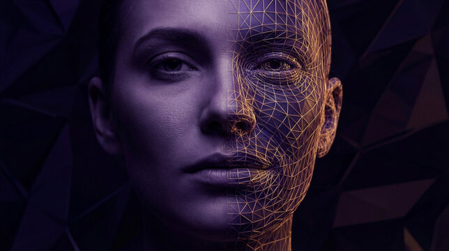 Womans face split between realistic skin and golden wireframe mesh. Digital identity fusion and cyber human transformation. Futuristic AI technology and virtual reality concept.