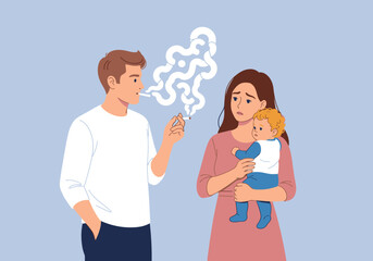 Fototapeta premium Man Smoking Cigarette Near Concerned Mother Holding Baby, Secondhand Smoke and Passive Smoking Health Risks Illustration, Family Conflict and Unhealthy Parental Addiction