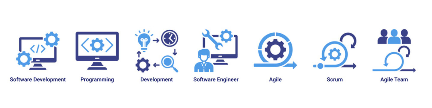 Agile Development devops banner with programming,software engineering and scrum workflow icons for modern development process