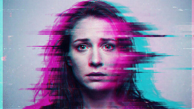 Womans face distorted by digital glitch effect. Pink and cyan color shifts on portrait creating cyberpunk aesthetic. Futuristic technology and virtual identity concept in modern digital art.