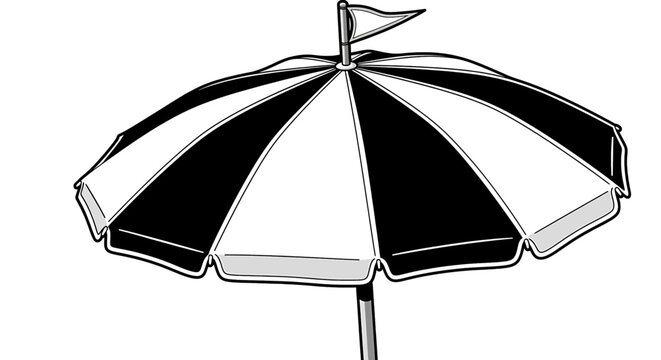Black and white striped beach umbrella with a small flag on top