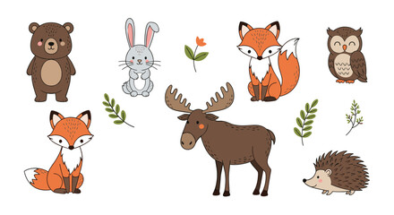 Fototapeta premium Woodland animal collection features charming illustrations of a bear, rabbit, fox, owl, moose, and hedgehog alongside simple green branches.