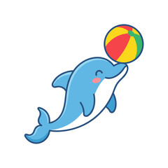 Obraz premium Cheerful Blue Dolphin Playing with Colorful Beach Ball, Cute Sea Animal Character Jumping, Ocean Wildlife Cartoon, Summer Vacation Vector Graphic