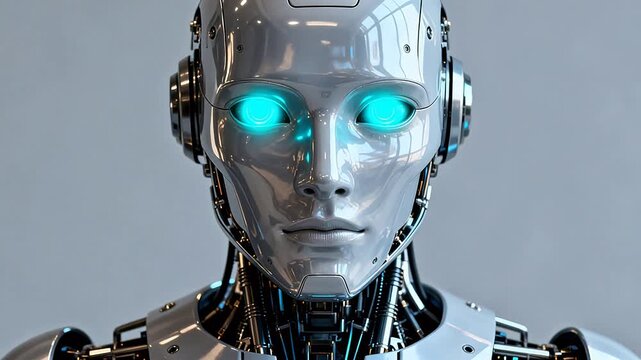 Silver humanoid robot with glowing eyes
