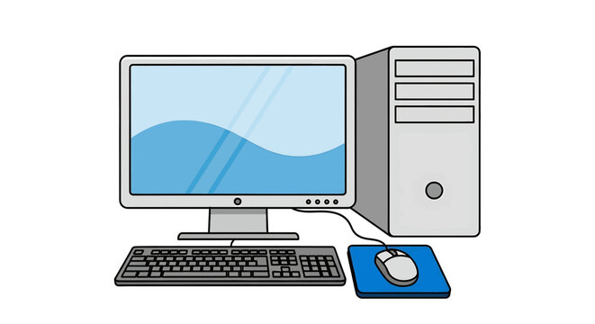 Illustration of a desktop computer set with monitor, tower, keyboard and mouse