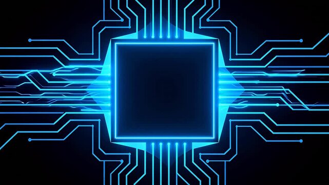 Blue neon circuit board with central chip