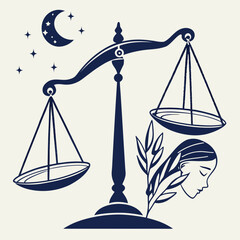 A scale with a crescent moon and stars and a woman's head © Hafiz