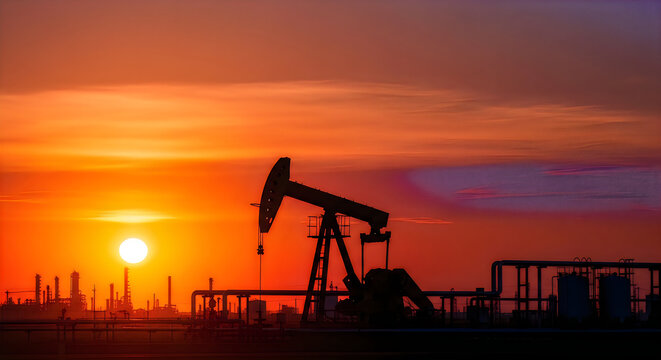 An oil pumpjack silhouetted against a vibrant orange and purple sunset sky with industrial equipment in the foreground.